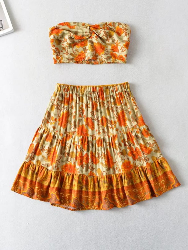 Bohemian Sunshine Two Piece Sets Bandeau Top and Drawstring Mini Skirts