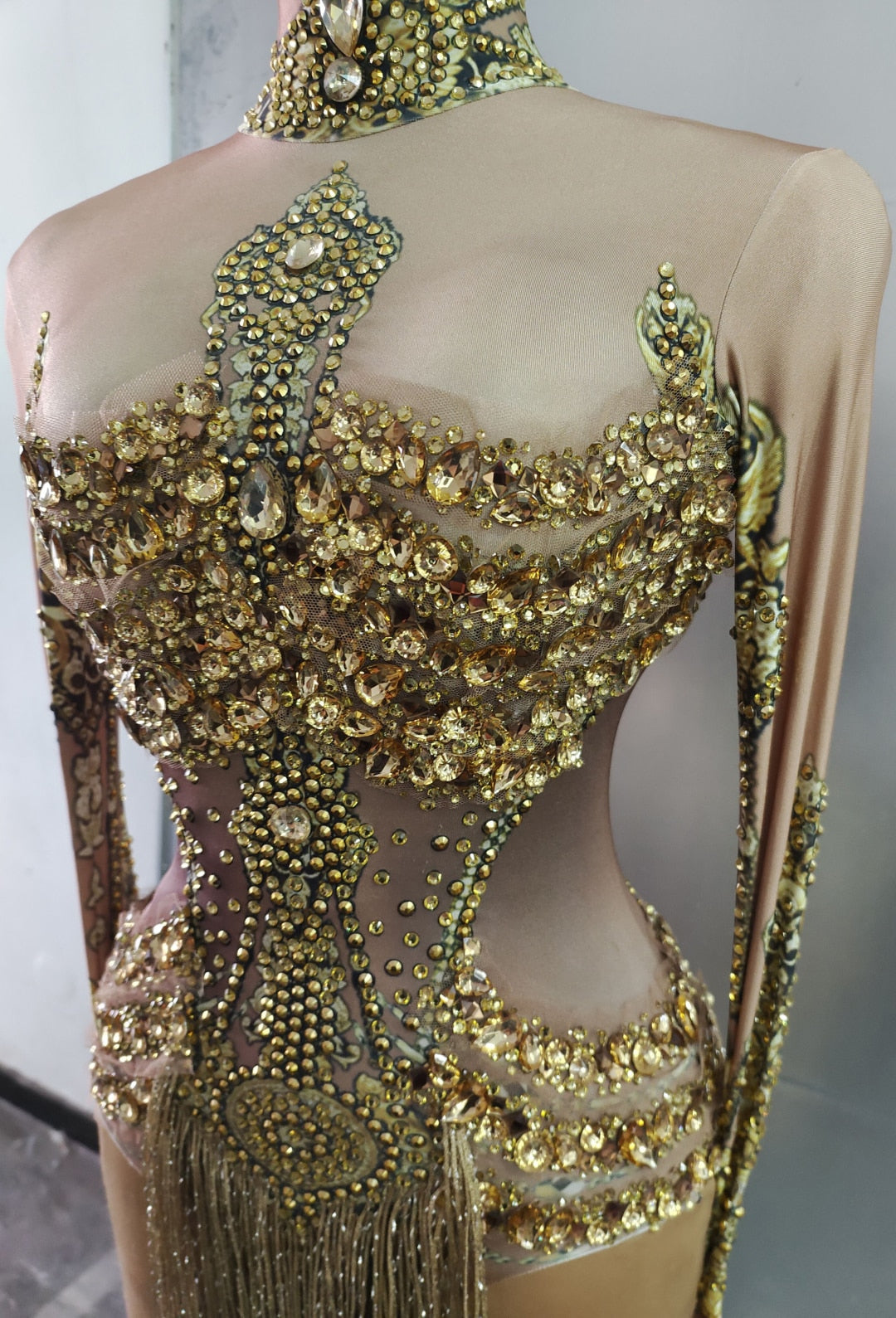 Caritta Sparkly Gold Rhinestones Fringe Leotard Bodysuit Performance Stage Wear