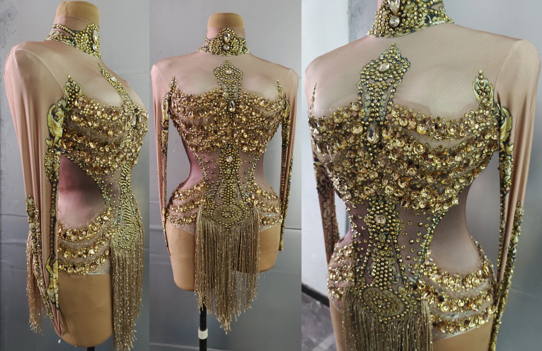 Caritta Sparkly Gold Rhinestones Fringe Leotard Bodysuit Performance Stage Wear