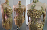 Caritta Sparkly Gold Rhinestones Fringe Leotard Bodysuit Performance Stage Wear
