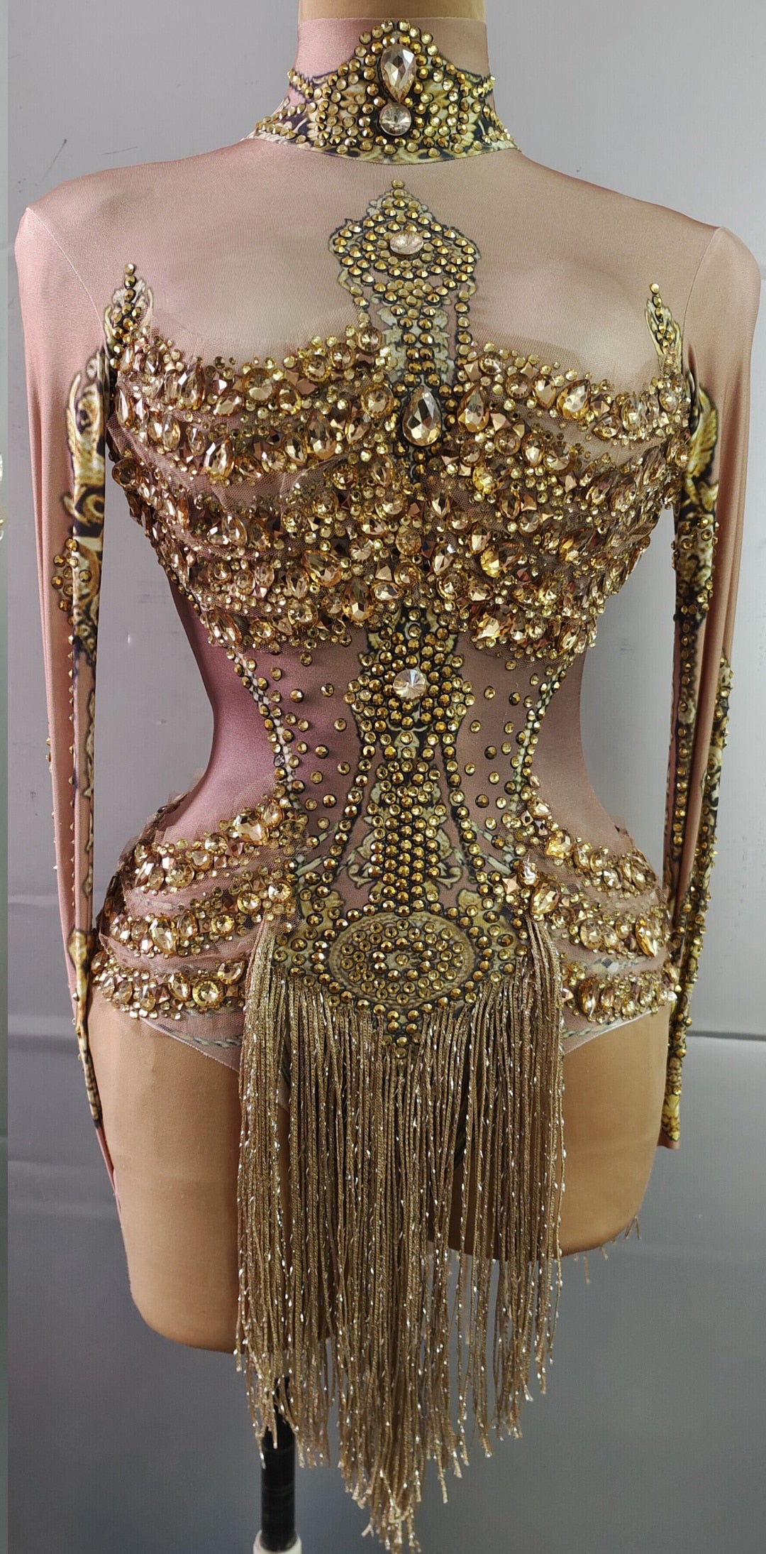 Caritta Sparkly Gold Rhinestones Fringe Leotard Bodysuit Performance Stage Wear