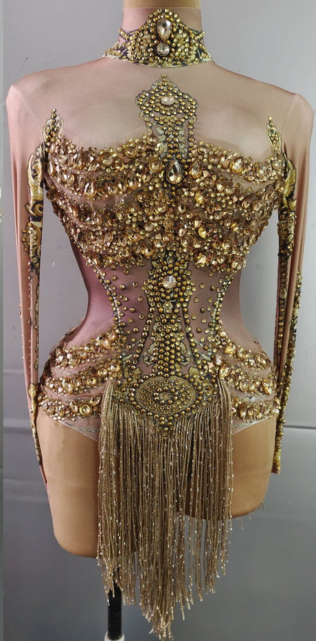Caritta Sparkly Gold Rhinestones Fringe Leotard Bodysuit Performance Stage Wear
