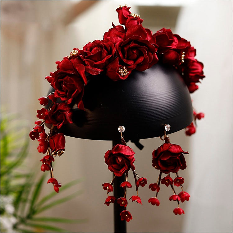 The Red Bride Flower Tiara and Earrings Set