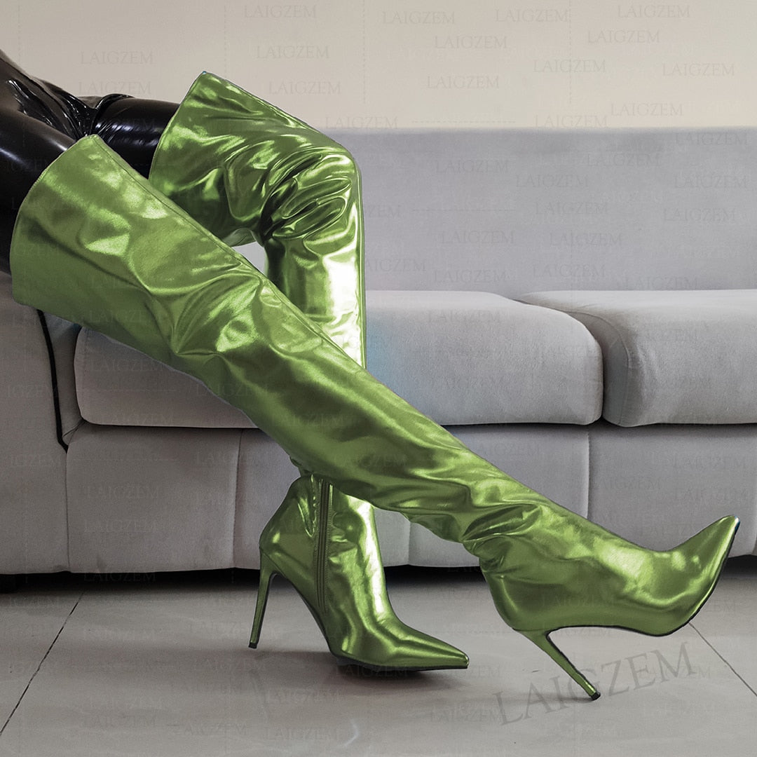 Metallic Thigh High Boots Stiletto Heeled Pointed Toe Boots Large Sizes