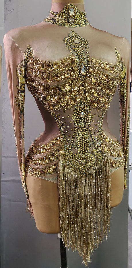 Caritta Sparkly Gold Rhinestones Fringe Leotard Bodysuit Performance Stage Wear