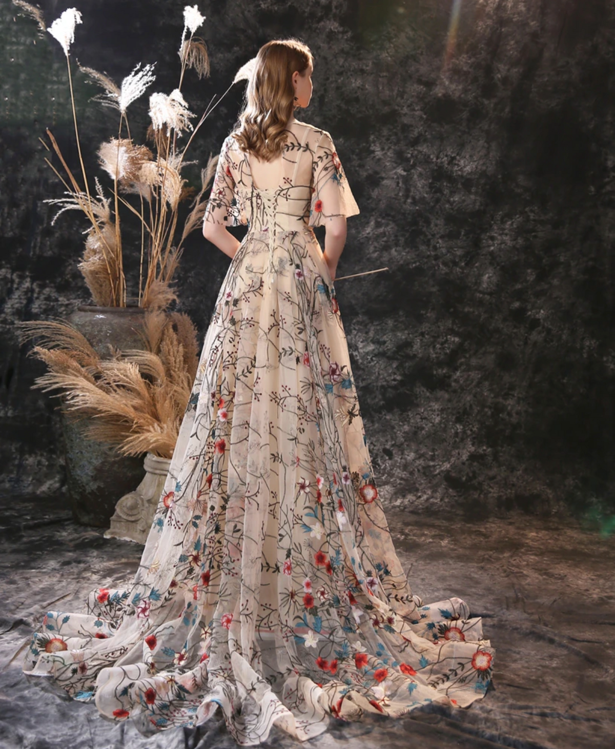 Rochelle's Floral Embroidery Tulle Evening Dresses