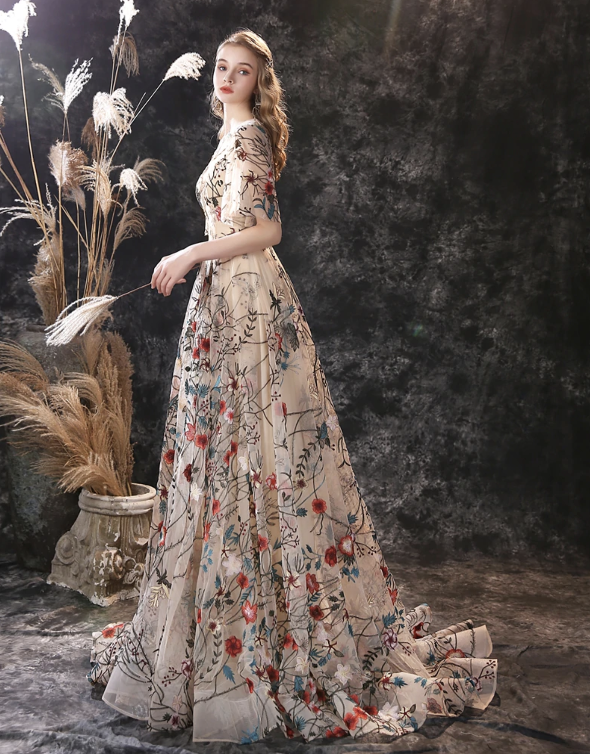 embroidered evening dress Mexican carpet events Light Blue V-neck embroidered evening
