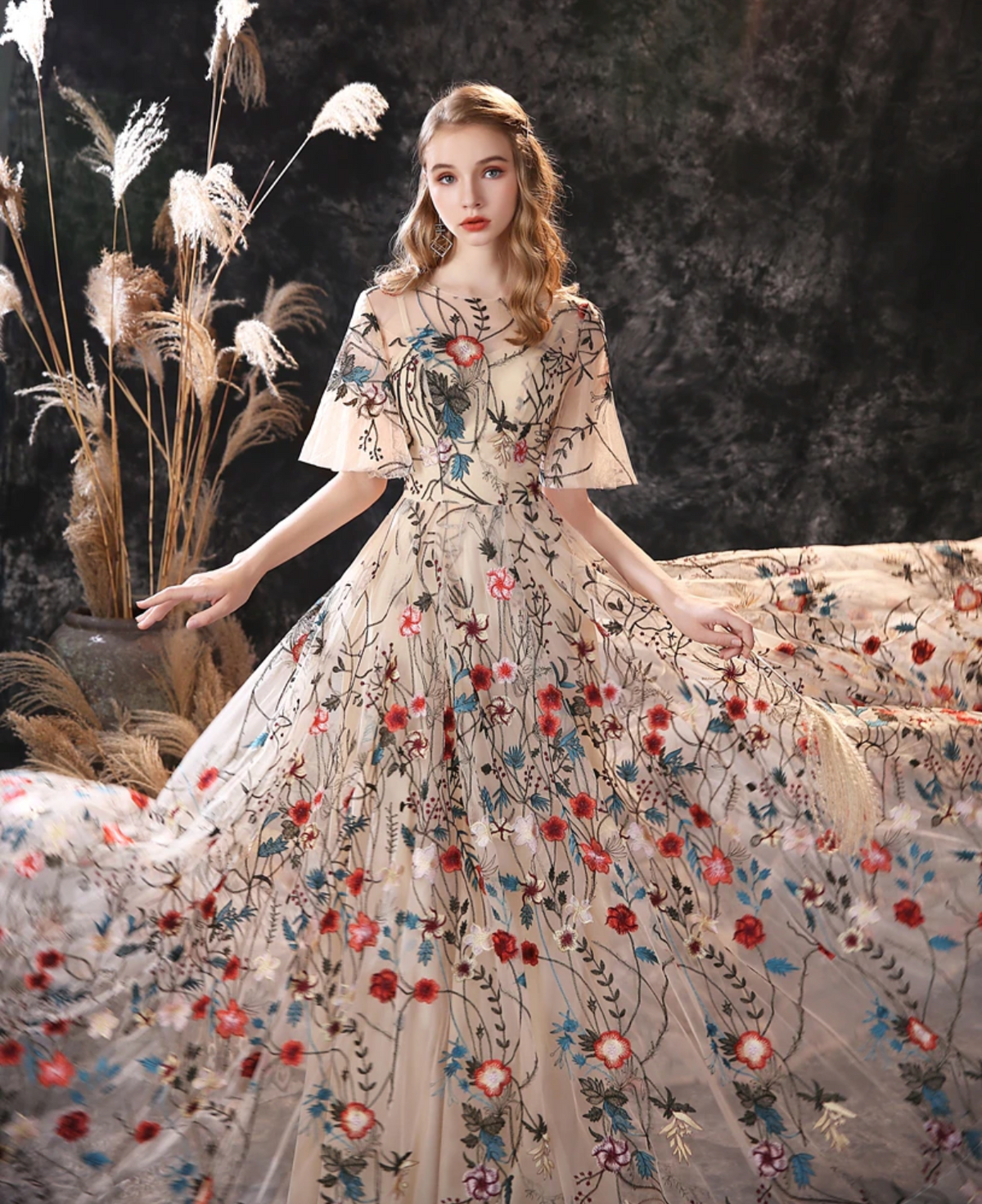 Rochelle's Floral Embroidery Tulle Evening Dresses