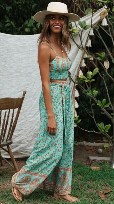 Two Piece Pale Mint Green Boho Wide Leg Pant & Matching Camis Set