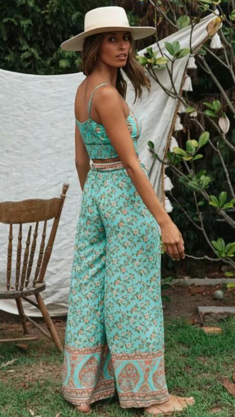 Two Piece Pale Mint Green Boho Wide Leg Pant & Matching Camis Set