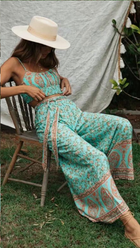 Two Piece Pale Mint Green Boho Wide Leg Pant & Matching Camis Set
