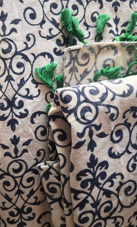 Navy Blue & Green Linen Cotton Curtain Panel with Tassels
