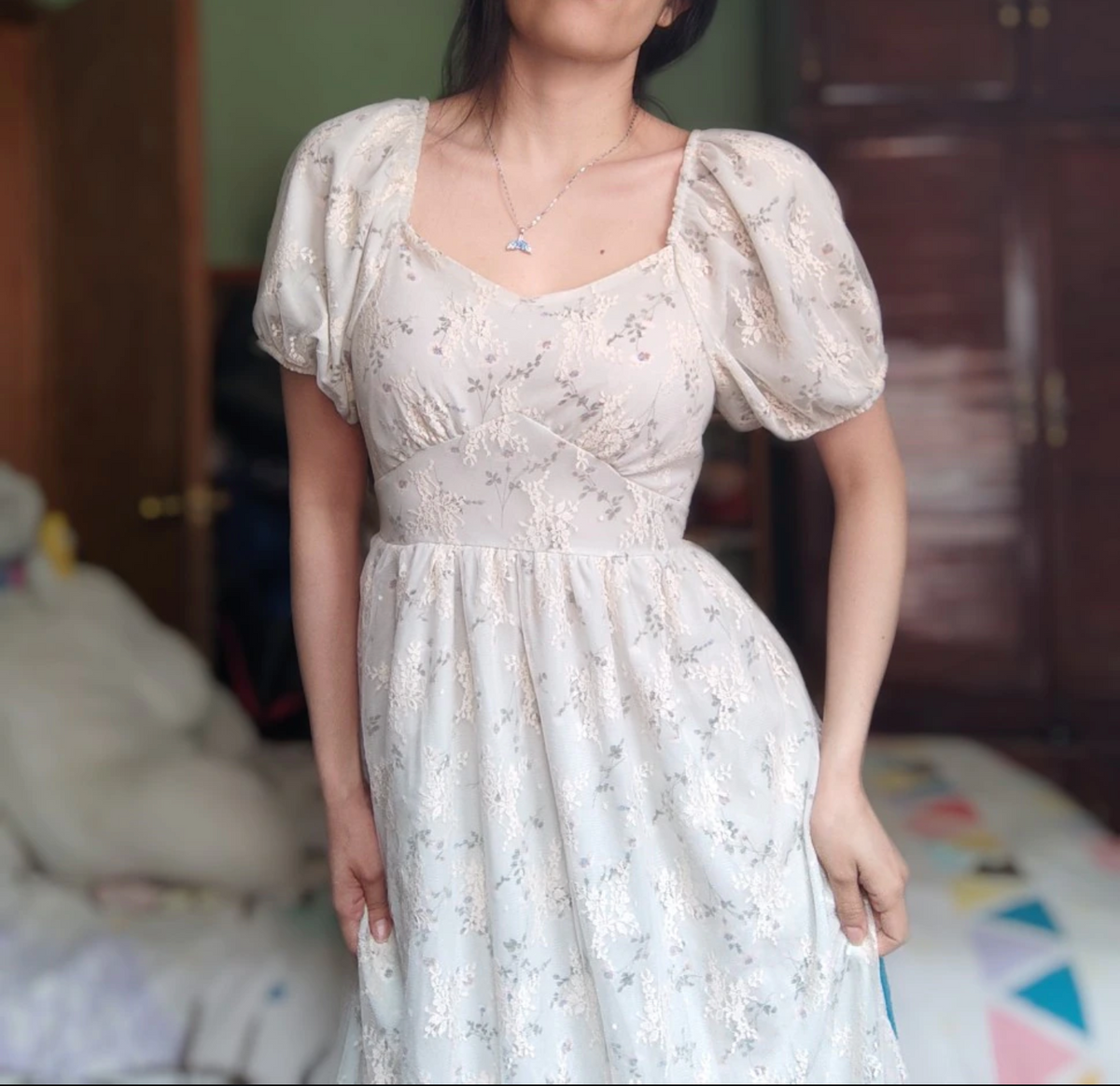 Fairy Maiden Dress Vintage French Inspired Puff Sleeve Floral Lace Dress