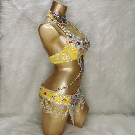 Beaded Crystal Belly Dance Costume Bra+Belt+Necklace 3pc Performance Set