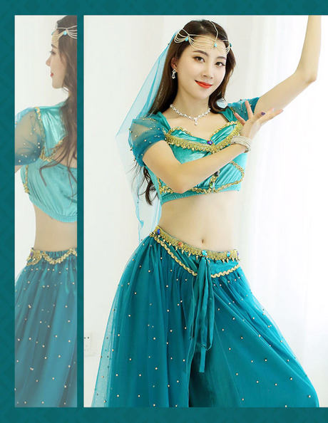 Belly Dance Princess Jasmine Costume Women Girls Bollywood Top Pants Veils Set