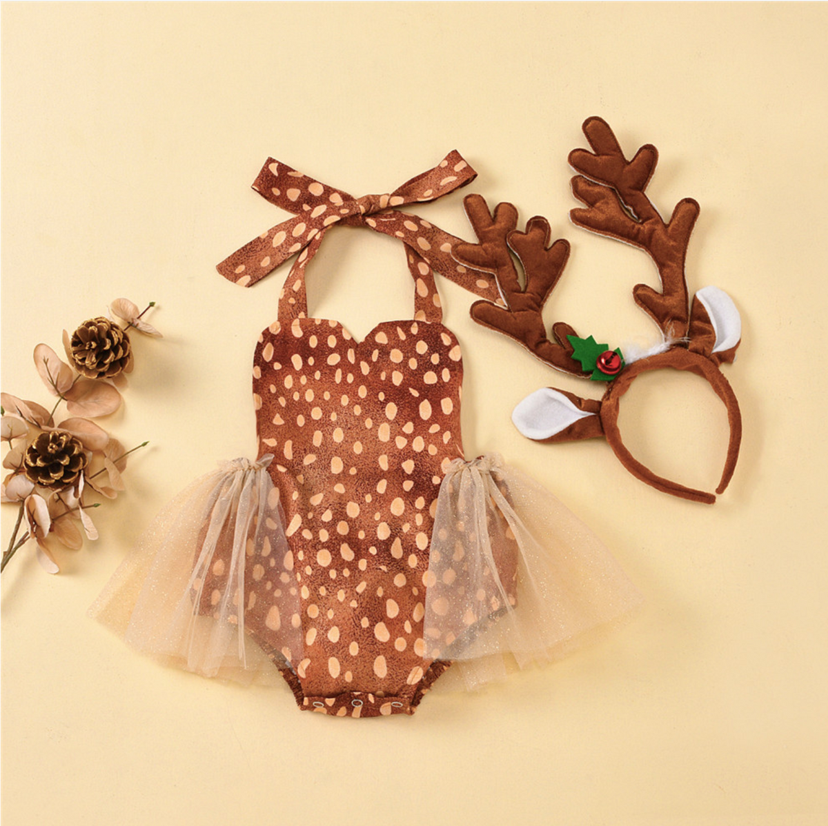 Christmas Baby Girl Deer Costume Antlers Headband Set