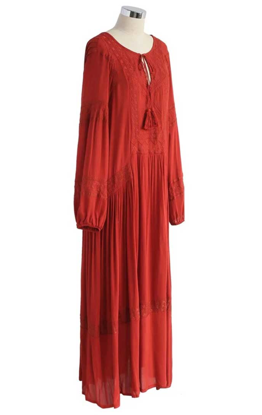 Shyla Boho Cotton Long Sleeve Red Dress
