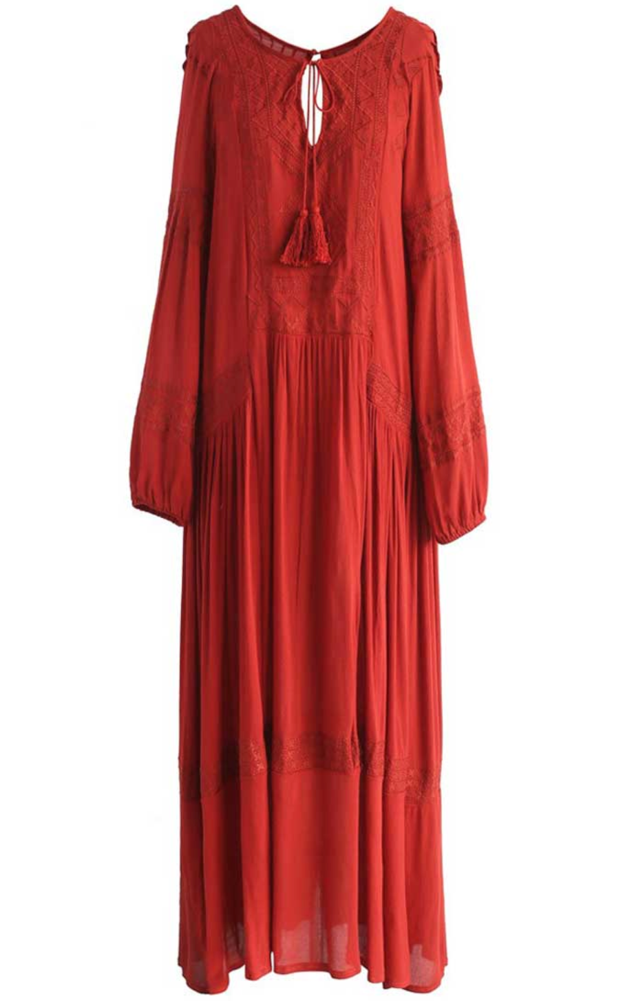 Shyla Boho Cotton Long Sleeve Red Dress