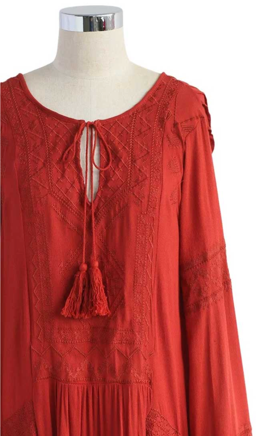 Shyla Boho Cotton Long Sleeve Red Dress