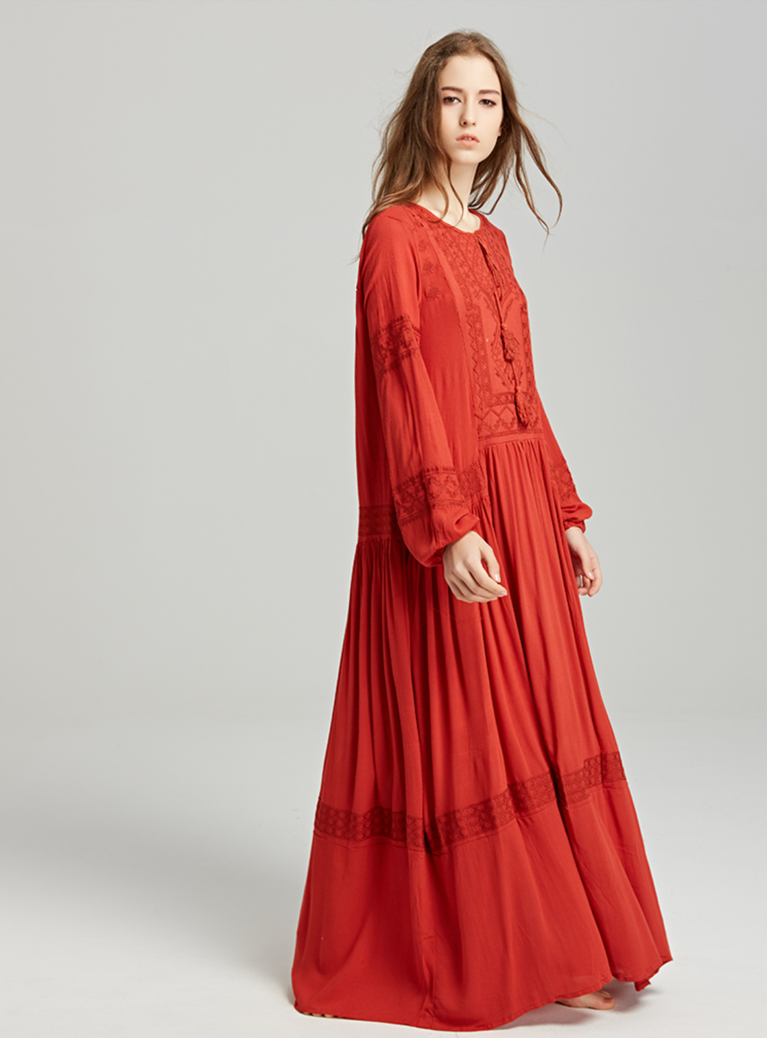 Shyla Boho Cotton Long Sleeve Red Dress