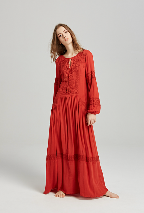 Shyla Boho Cotton Long Sleeve Red Dress