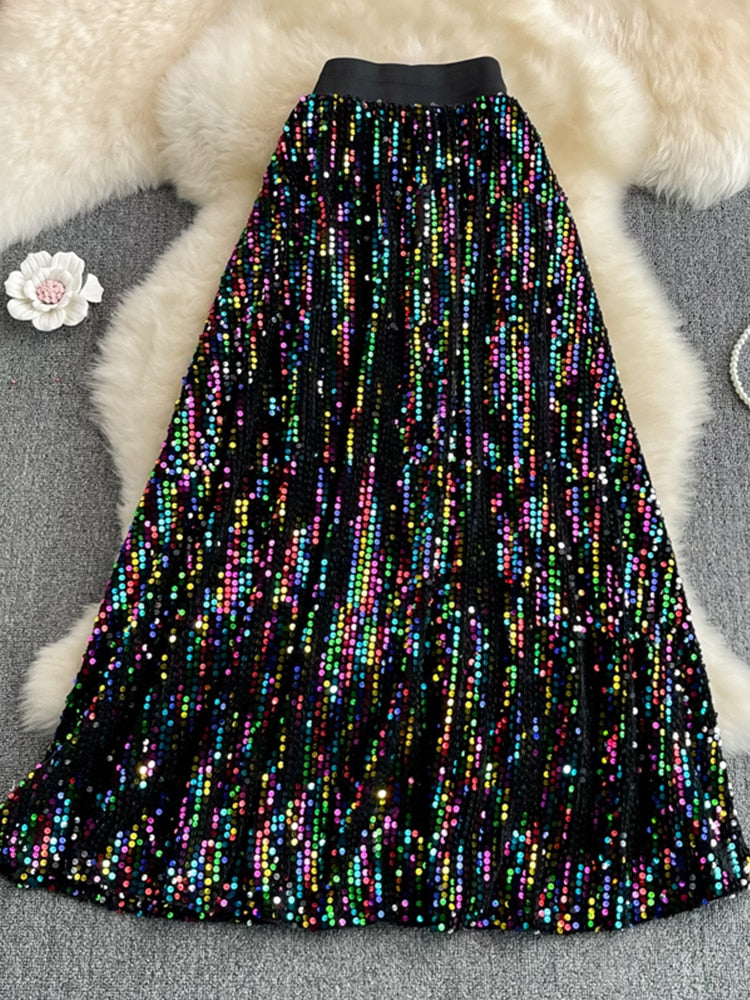 Cyber Queen Sparkly Sequins Maxi Skirt