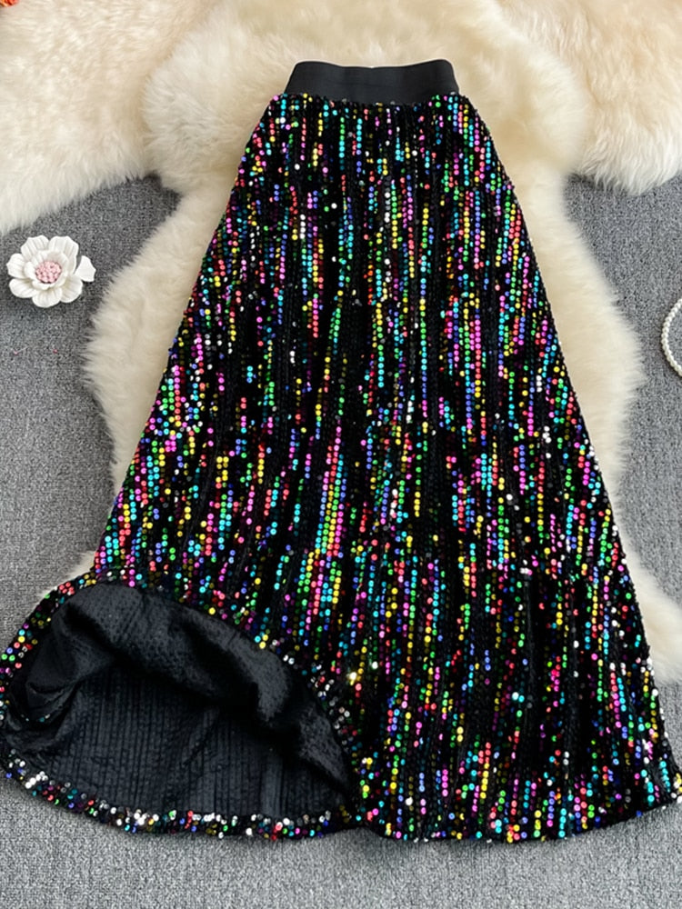 Cyber Queen Sparkly Sequins Maxi Skirt