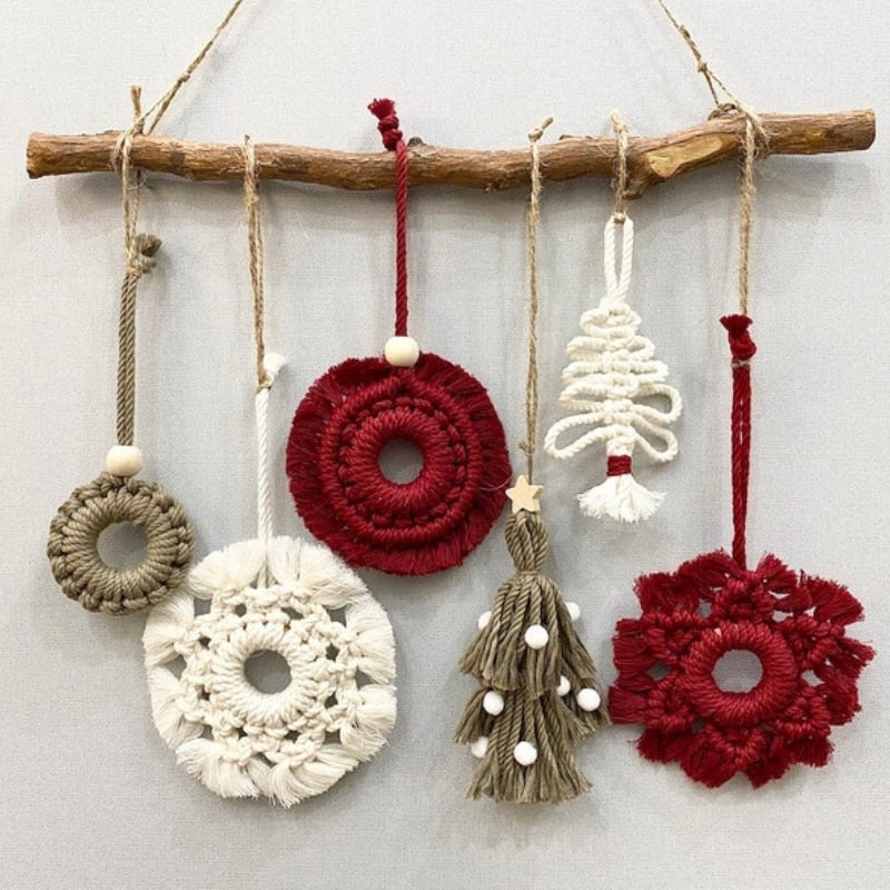 Macrame Boho Christmas Ornaments Set Wall Hanging