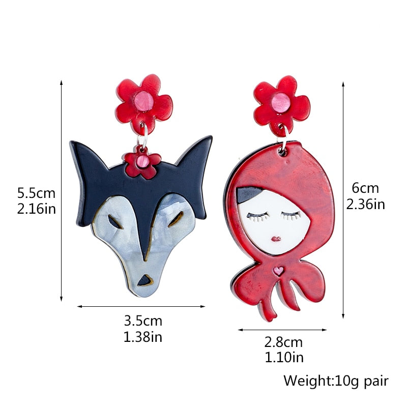 Red and the Wolf Asymmetric Earrings Acrylic Jewellery