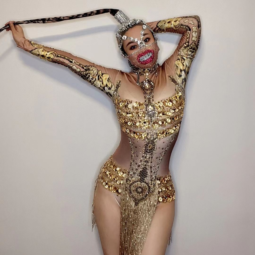 Caritta Sparkly Gold Rhinestones Fringe Leotard Bodysuit Performance Stage Wear