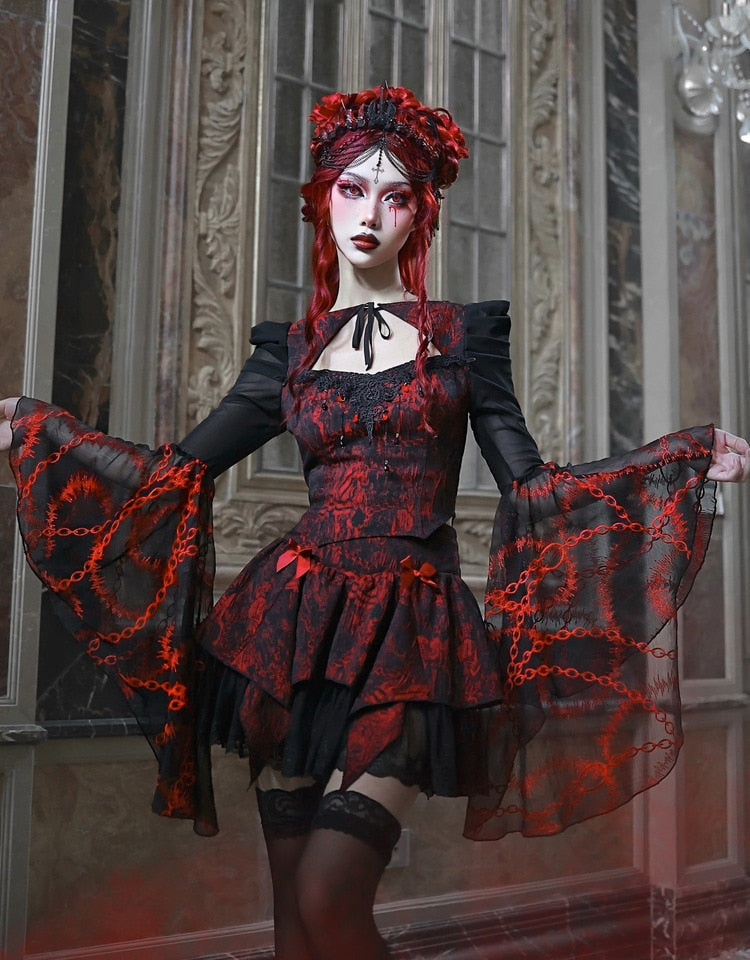 Red Gothic Embossed Jacquard Lace Top & Skirt