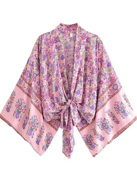 Boho Vintage Floral Print Short Kimono Wrap Tops