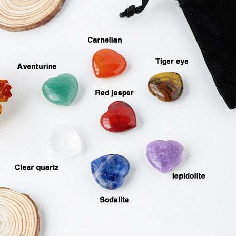 Set of Seven Chakra Heart Shape Crystal Healing Gemstones