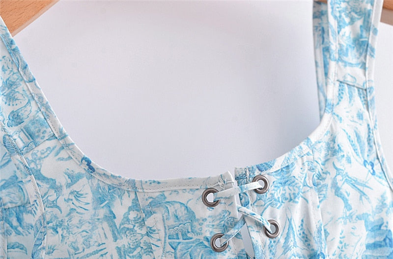 Blue And White Porcelain Print Short Bustier Vest