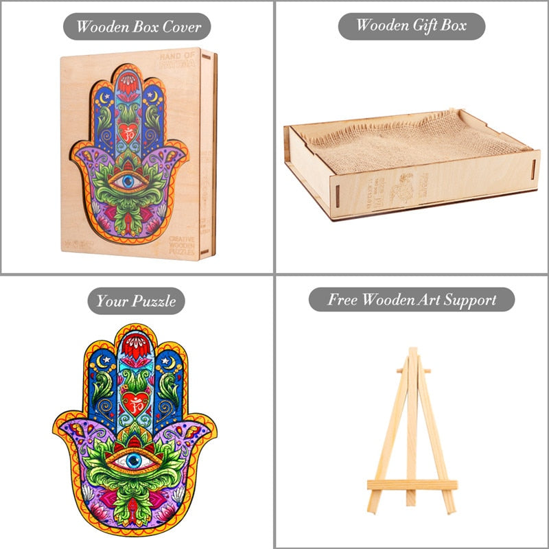 Hamsa Evil Eye Hand of Fatima Wooden Jigsaw Puzzles - Wooden Gift Box