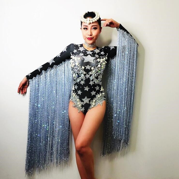 Star Power Fringe Crystals Stars Bodysuit Stage Performance Dance Leotard