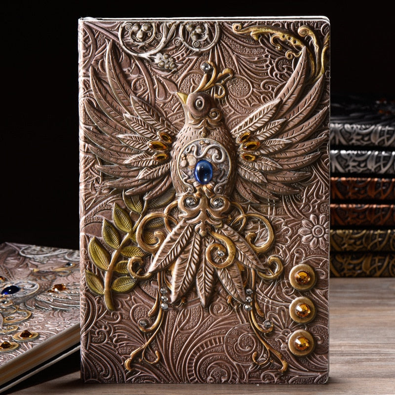 Handmade Embossed Faux Leather Bejewelled Journal - The Phoenix Bird Theme