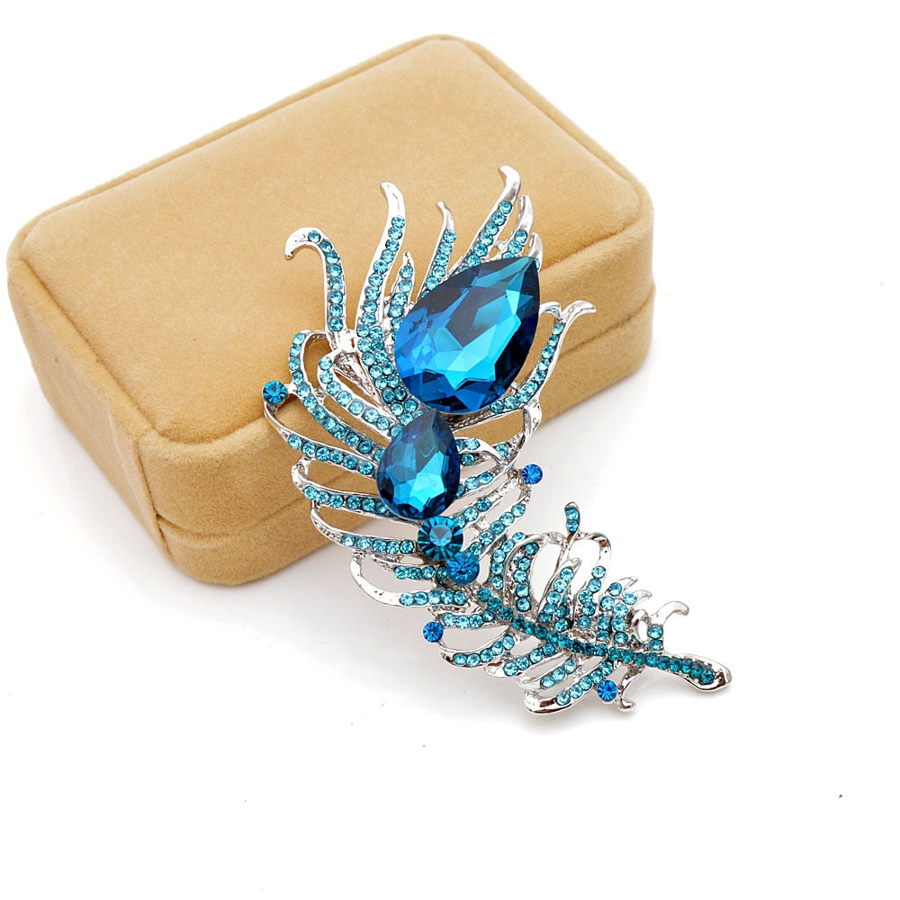 Large Crystal Feather Brooch