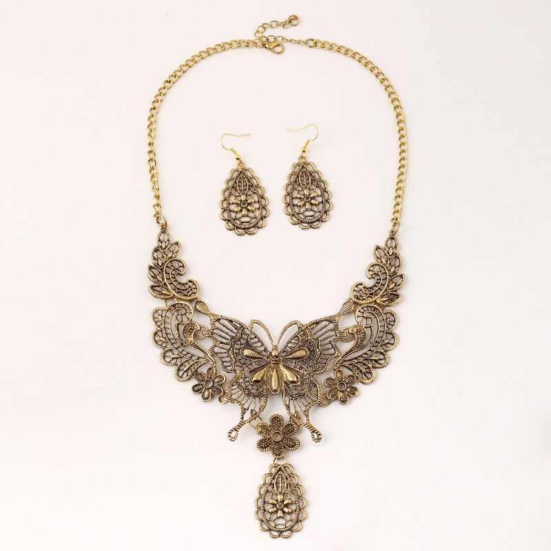 Butterfly Necklace & Earrings Set | Ancient Gold and Silver