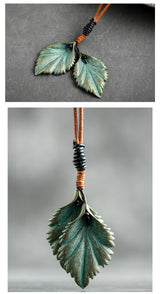 Vintage Leather Rope Green Leaf Pendant Necklace