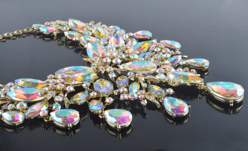 Iridescent Crystal Raindrops Statement Necklace and Earring Set