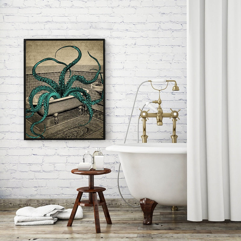 Octopus Bath Time Canvas Wall Art Poster Print