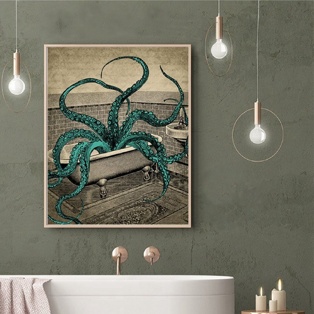 Octopus Bath Time Canvas Wall Art Poster Print