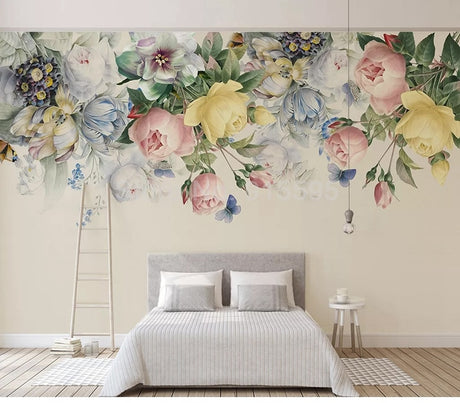 Hand Painted Rose Flower Wall Mural Wallpaper