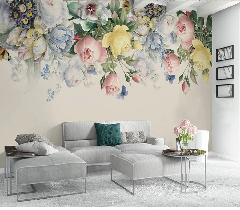 Hand Painted Rose Flower Wall Mural Wallpaper