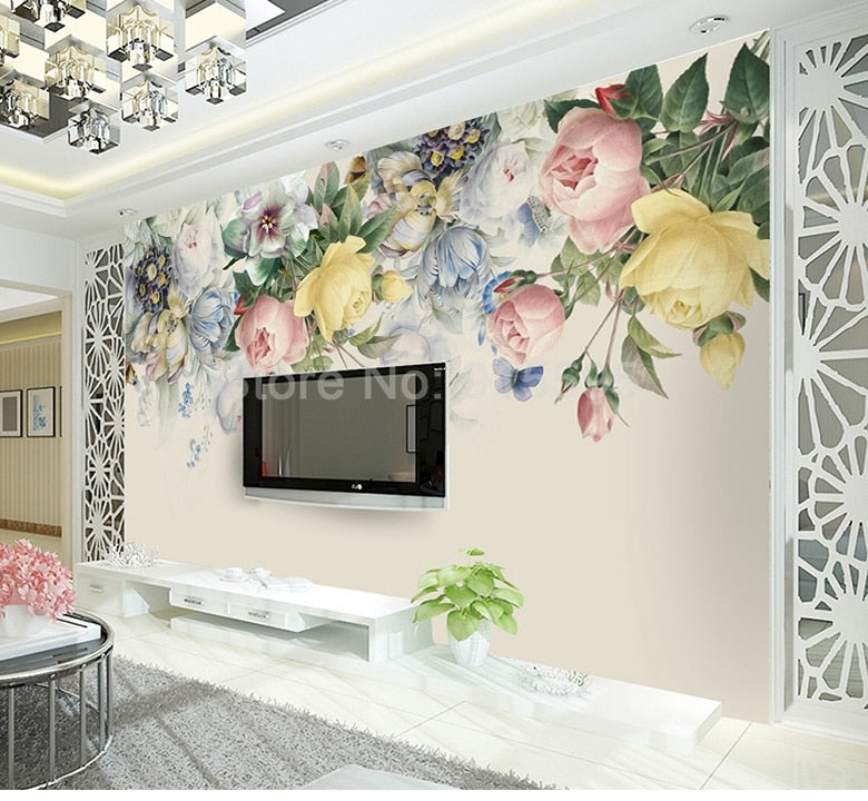 Hand Painted Rose Flower Wall Mural Wallpaper