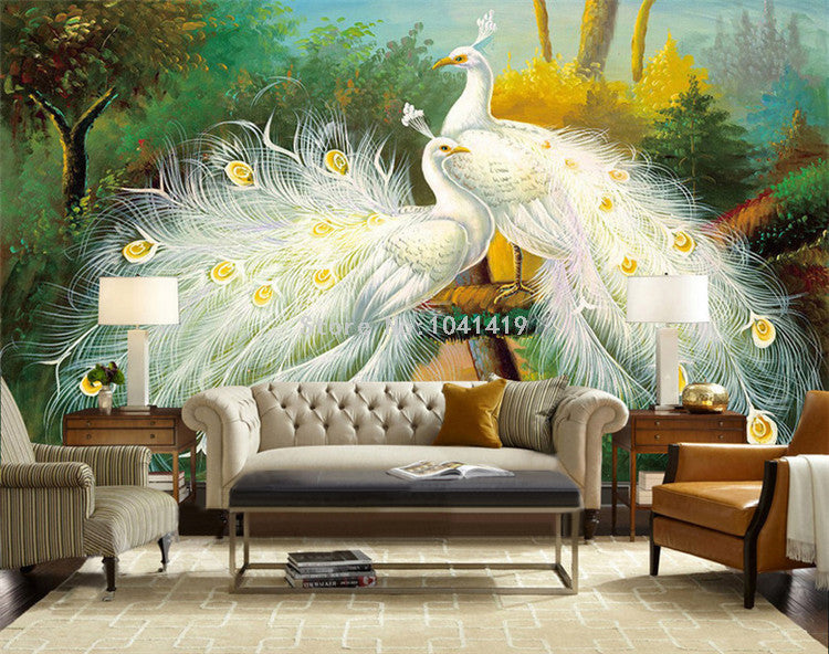 White Peacocks | Landscape Painting Fresco | Mural Wallpaper