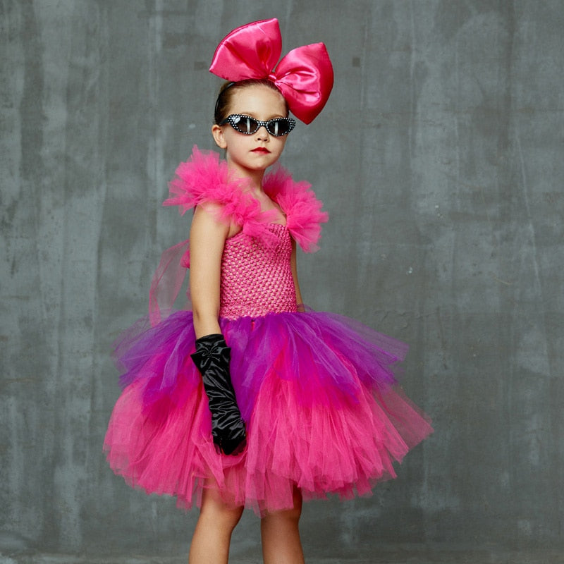 Girls Punk Rock Bright Pink and Purple Tutu Dress with Accessories Birthday Party Halloween Costume