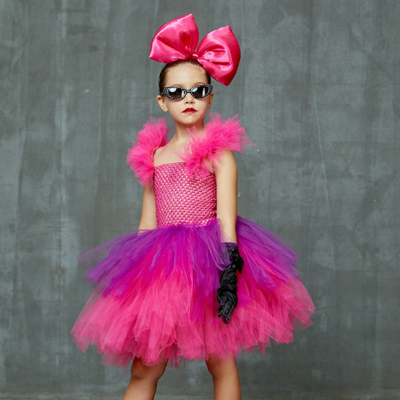 Girls Punk Rock Bright Pink and Purple Tutu Dress with Accessories Birthday Party Halloween Costume