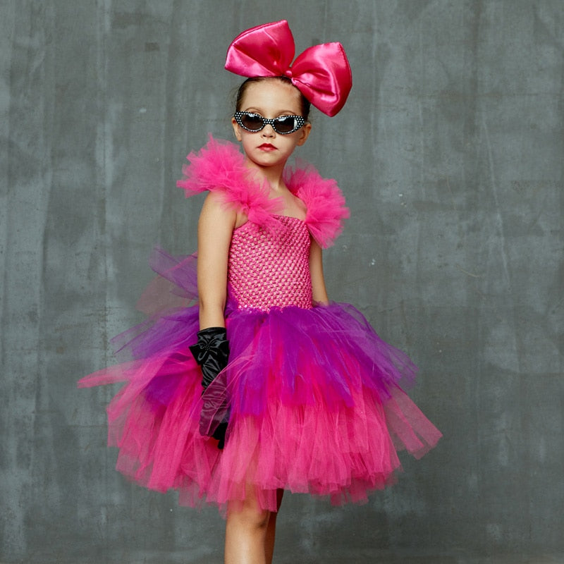 Girls Punk Rock Bright Pink and Purple Tutu Dress with Accessories Birthday Party Halloween Costume
